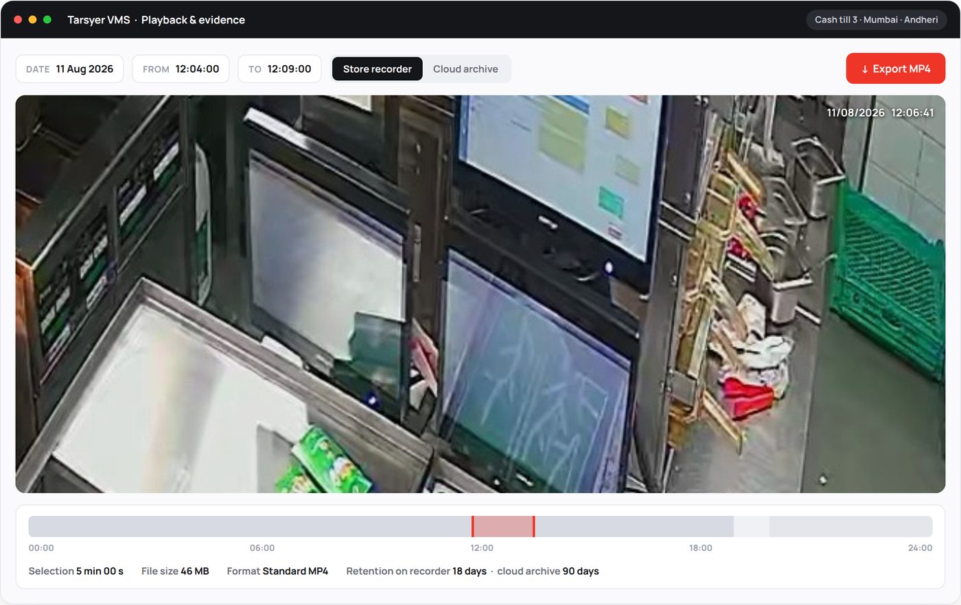 Playback and evidence export screen