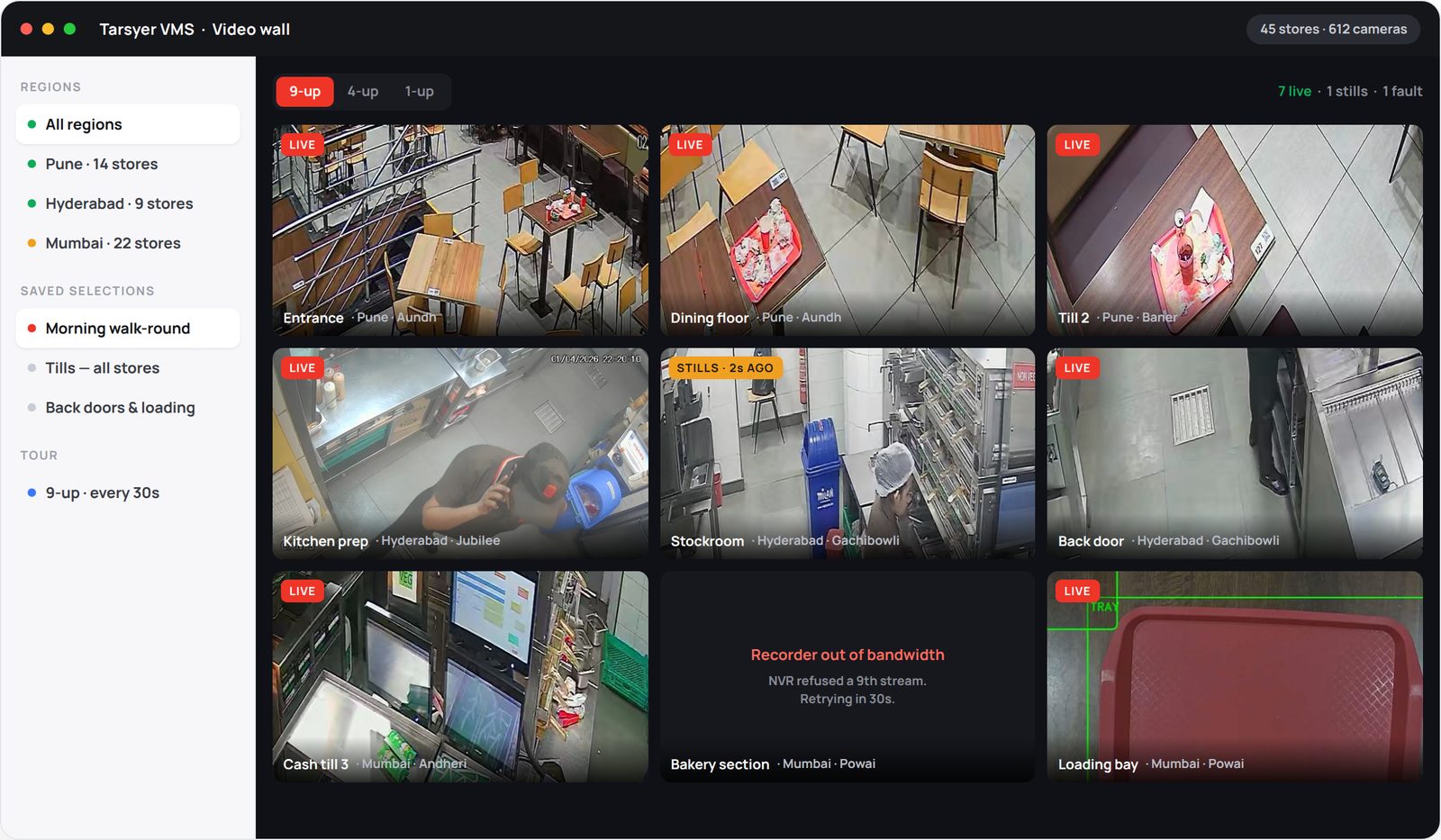 Tarsyer video wall showing nine cameras across three cities